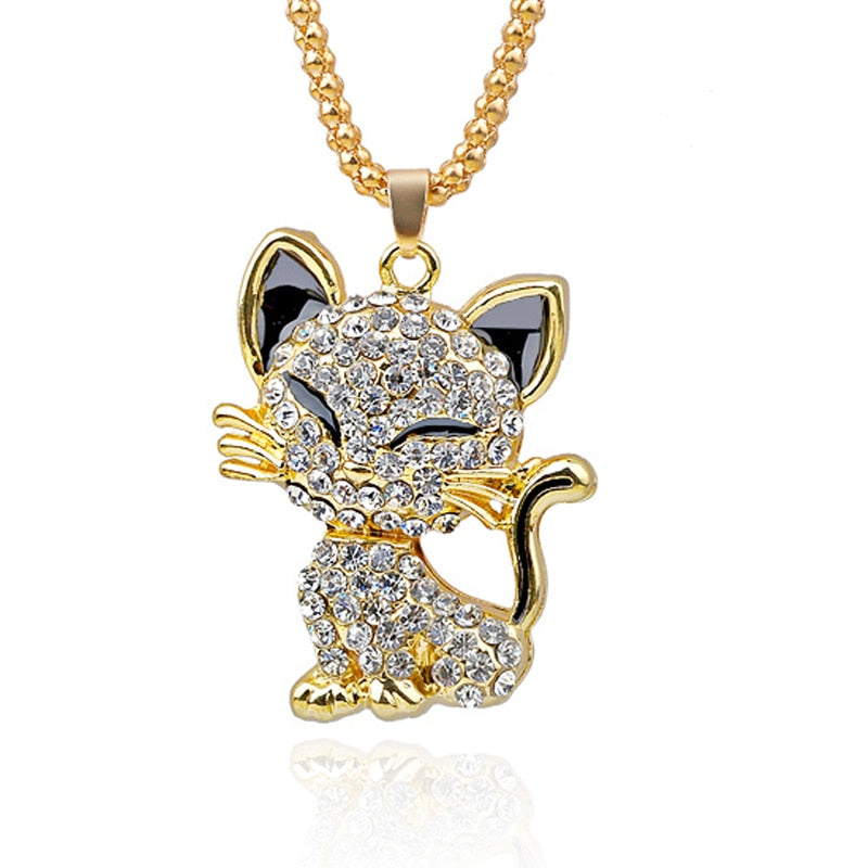Pretty Rhinesto Cat Necklace For Women Gold Filled Enamel Crystal Long Sweater Chain Necklaces Pendants Christmas Gift For Girl