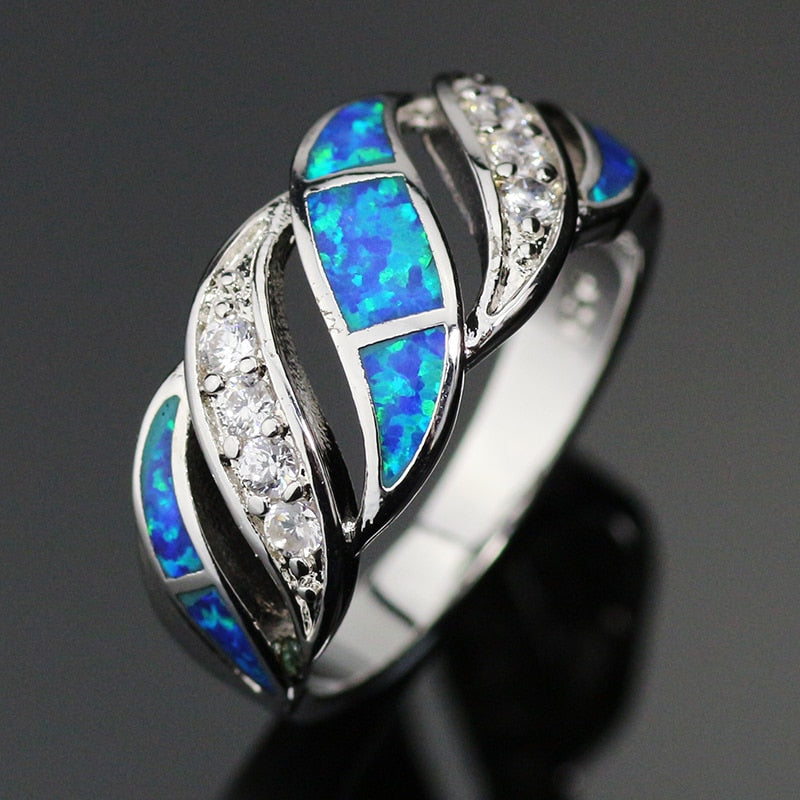 Unique Design Elegant Blue Opal Gem Silver Plated Silver Ring For Women Hot Sale Fine Jewelry Christmas Gift Friendship Rings