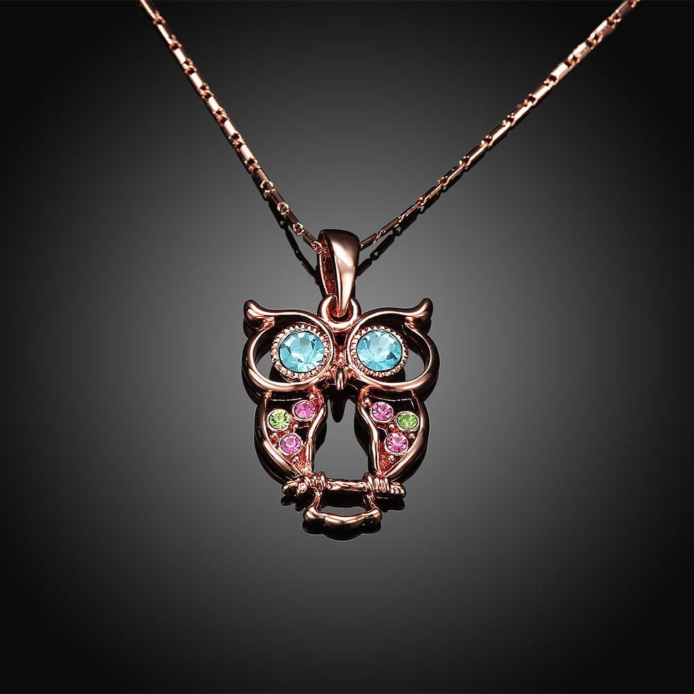 Owl Rainbow Austrian Elements Necklace in 14K Rose Gold ITALY Made