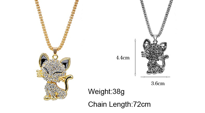 Pretty Rhinesto Cat Necklace For Women Gold Filled Enamel Crystal Long Sweater Chain Necklaces Pendants Christmas Gift For Girl