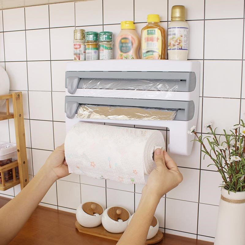 Wall-Mount Paper Towel Holder Kitchen Organizer Preservative Film Dispenser Sauce Bottle Storage Rack Wall Roll Paper Storage