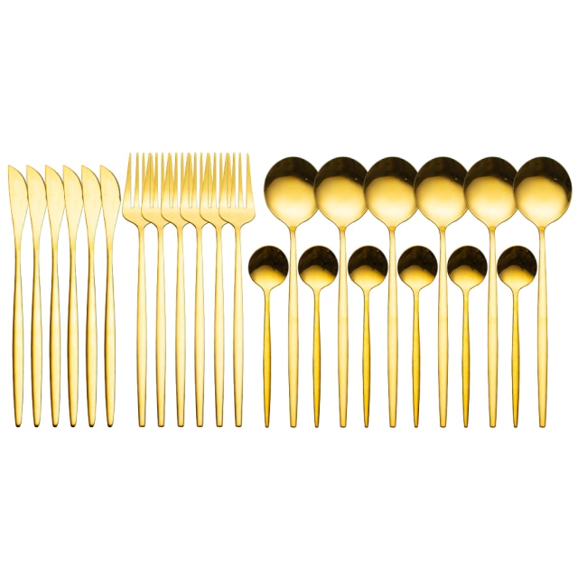 24pcs Gold Dinnerware Set Stainless Steel Tableware Set Knife Fork Spoon Luxury Cutlery Set Gift Box Flatware Dishwasher Safe